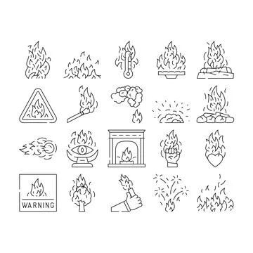 Flame hot fire burn bonfire heat icons set vector Stock Illustration
