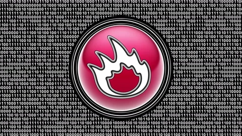 Flame icon. Binary code ( array of bits ) in the screen. Looping footage. Stock Footage 123825301