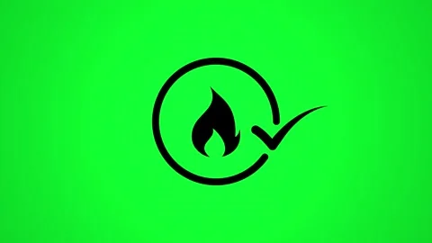 Flame icon with checkmark appears on green screen background, representing .. 스톡 동영상 346498044
