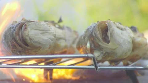 Flame ignition while frying fish on a barbecue Stock Photos