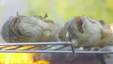 Flame ignition while frying fish on a barbecue Stock Photos