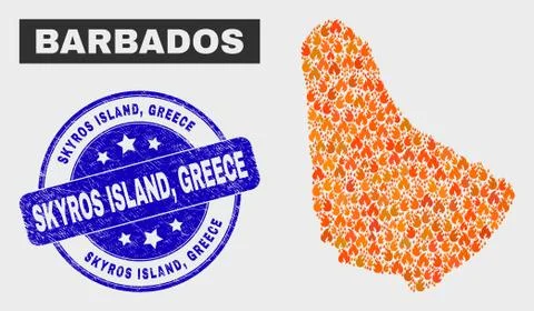Flame Mosaic Barbados Map and Grunge Skyros Island, Greece Watermark Stock Illustration