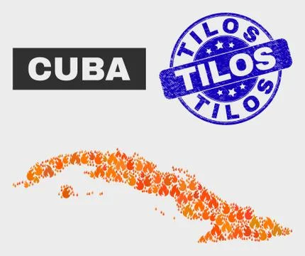 Flame Mosaic Cuba Map and Distress Tilos Seal Stock Illustration