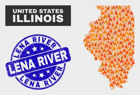 Flame Mosaic Illinois State Map and Distress Lena River Stamp イラスト素材