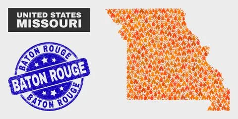 Flame Mosaic Missouri State Map and Grunge Baton Rouge Stamp イラスト素材