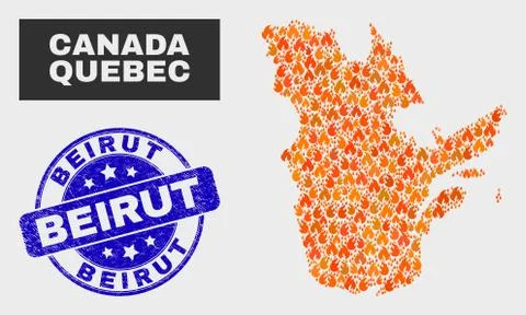 Flame Mosaic Quebec Province Map and Scratched Beirut Stamp Seal Stock Illustration
