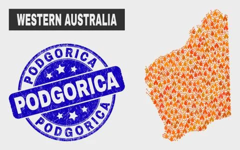 Flame Mosaic Western Australia Map and Scratched Podgorica Stamp Illustrazione stock