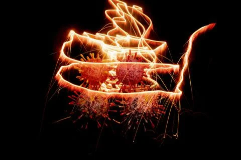 Flame objects that burn around Covid-19 coronavirus Stock Photos