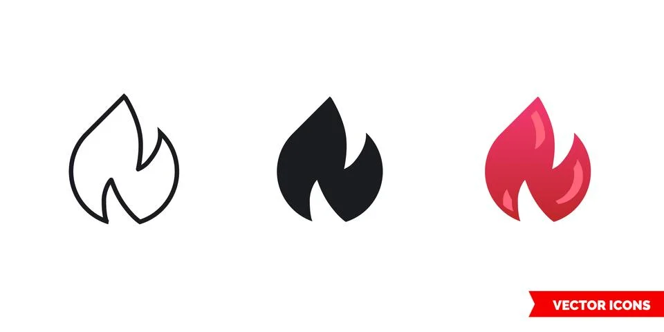 Flame or Fire icon of 3 types. Isolated vector sign symbol. Stock Illustration