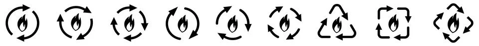Flame or fire icon in arrows forming cycle, two three and four arrow version 스톡 일러스트