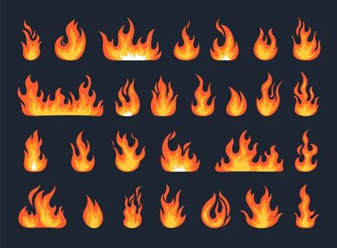 Flame set, fire burn. Fireball heat, hell or hot red elements, flammable Stock Illustration
