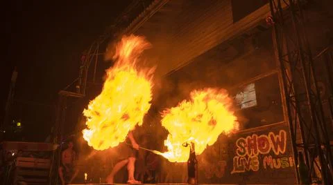 The flame show in the night in Thailand in 2015 Stock Photos