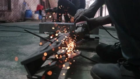 Flame Sparkle Of Metal Cutting Workshop. Industrial  Stock Footage 194622095