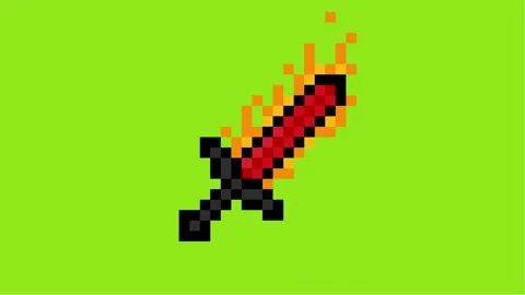 Flame sword pixel art animation on green and white background. Pixel fire blade  Stock Footage 319808478