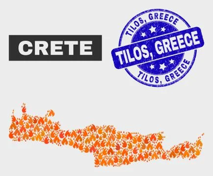 Flamed Mosaic Crete Map and Scratched Tilos, Greece Watermark Stock Illustration