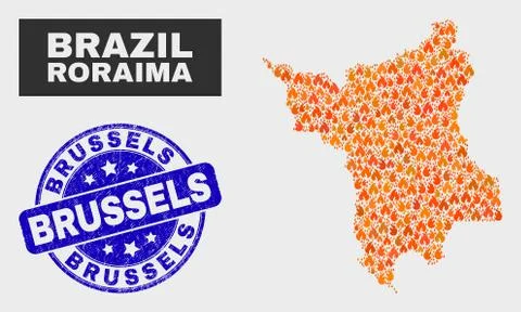 Flamed Mosaic Roraima State Map and Grunge Brussels Watermark Stock Illustration