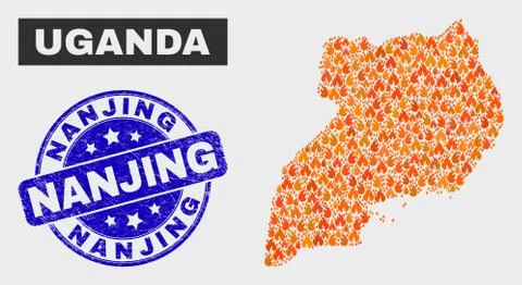 Flamed Mosaic Uganda Map and Distress Nanjing Watermark Stock Illustration