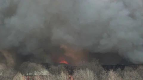 Flames behind the building. Smoke over a burnt-out building. Fire. Trees in the Stock Footage 152537299