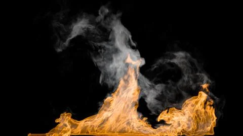 Flames on a black background with smoke. The fire burns on the floor. A fir.. Stock Photos