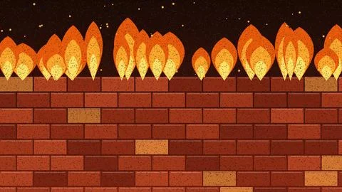 Flames burning atop brick wall with starry night sky background Illustrazione stock