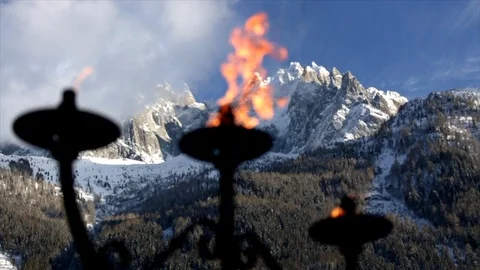 Flames burning in front of Mountain Stock Footage 108637758
