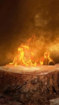 Flames burning on a tree stump against an abstract background of smoke and .. Stock Photos
