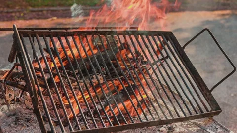 Flames burning under empty barbecue grill Stock Footage 295191628
