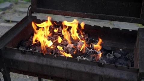Flames Dance on Hot Coals at a Sunset Garden Party Stock Footage 345550814