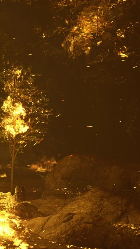 Flames dance in the night as a forest burns under a starlit sky Video stock 334253881