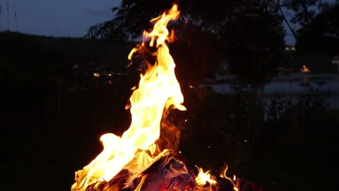 Flames dance in the night at a lakeside bonfire gathering with friends Stock Footage 317957538
