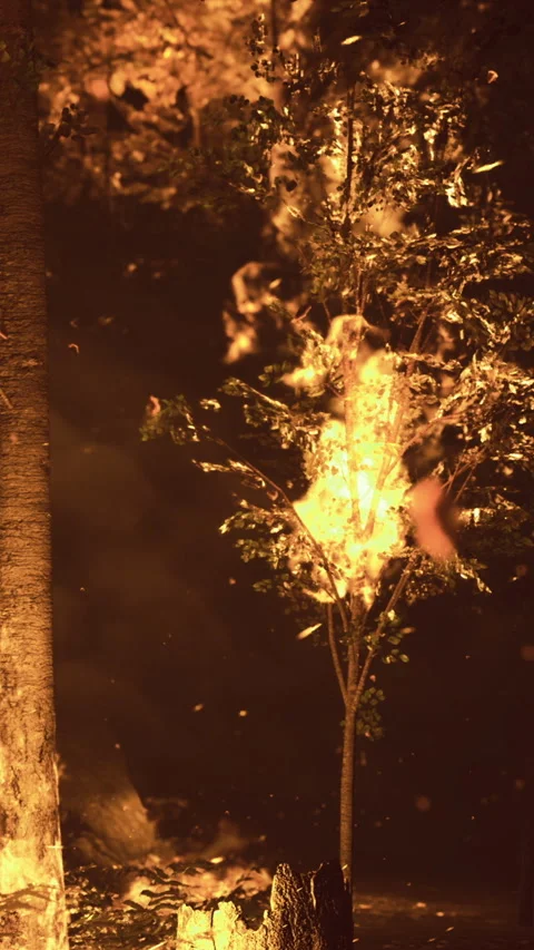 Flames engulfing a solitary tree under the night sky in a dramatic display Stock Footage 334254536