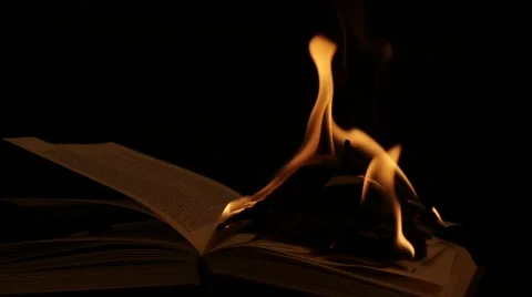 Flames of fire on burning book dolly shot slomo black background Stock Footage 59975695