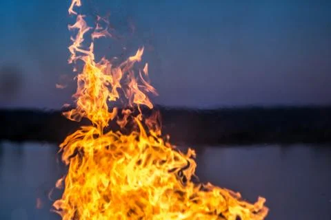 The flames of the fire burning the herb in the evening field, turning into co Stock Photos