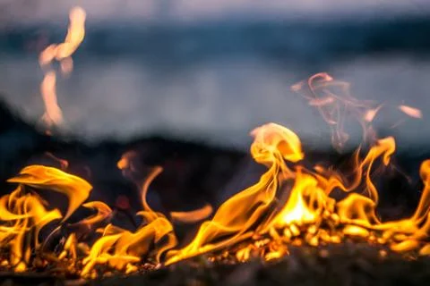 The flames of the fire burning the herb in the evening field, turning into co Foto stock