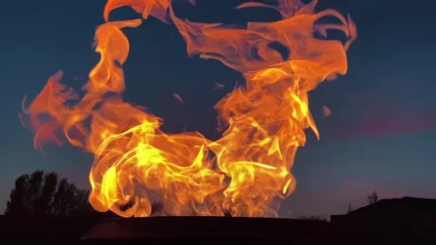 Flames of fire burning over dusk sky. Slow motion. Stock Footage 293899280