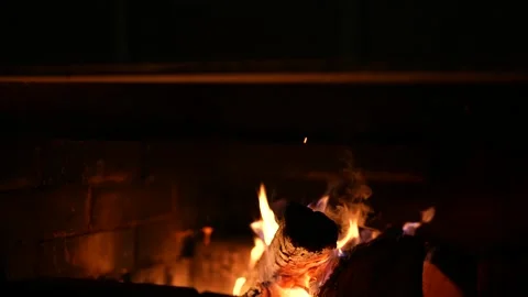 Flames from fire. Night bonfire, logs are on fire, sparks fly. Wood burning Stock Footage 264114131