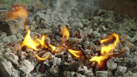 Flames flicker and dance over glowing embers in a fire pit, showcasing the Stock Footage 339633783
