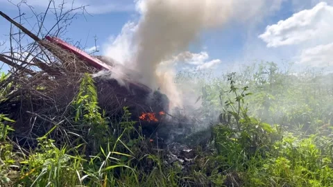 Flames flicker and smoke rises from a burning debris pile Stock Footage 317496375