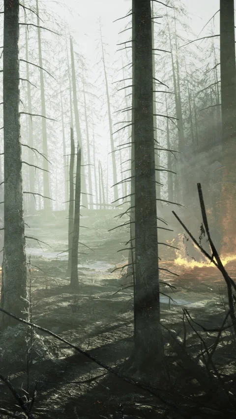 Flames flicker in a desolate forest where tall trees stand like sentinels Stock Footage 334246943