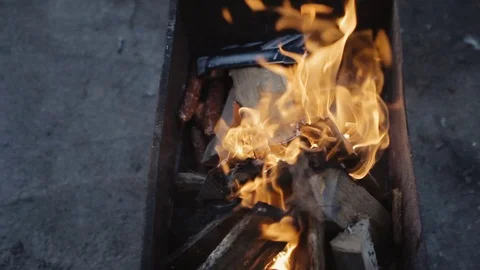 Flames in the grill outdoors Stock Footage 71213470