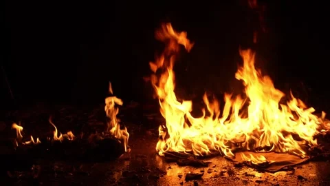 Flames licking dark ground at night, orange yellow blaze casting heat and Stock Footage 321896321