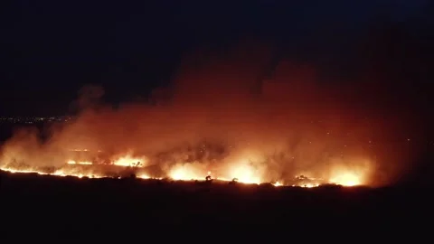 Flames of massive Forest Fire, aerial view at night. Nature wildfire in dry Stock Footage 139989937