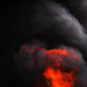 Flames of red fire and motion blur dramatic clouds of black smoke covered ... Stock Photos