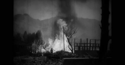 Flames rising from burning hut Stock Footage