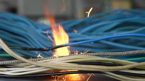 Flames, sparks, smoke between electrical cables. Short circuit in twisted wires Stock Footage 273567785