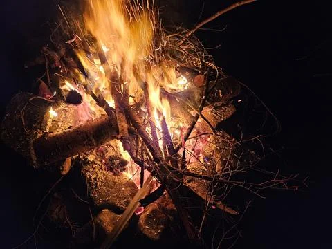Flames of a stone pit fire at night in dark background at a campground Foto stock