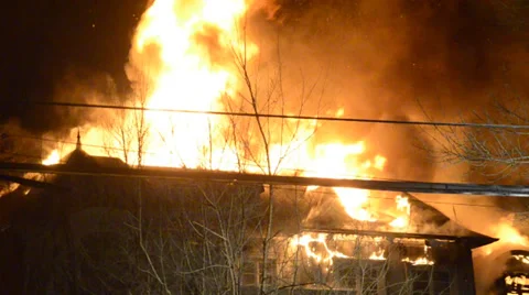 Flames Through Roof at Mansion Fire 2 Stock Footage 35697277