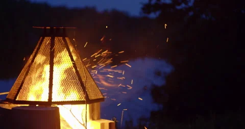 Flames trough the guard at the campfire pit by the lake at night Vídeo Stock 130927942