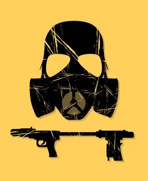 Flamethrower helmet and weapon, vector grunge effect Stock Photos