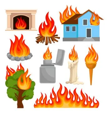 Flaming and burning objects set, sources of fire propagation vector Stock Illustration